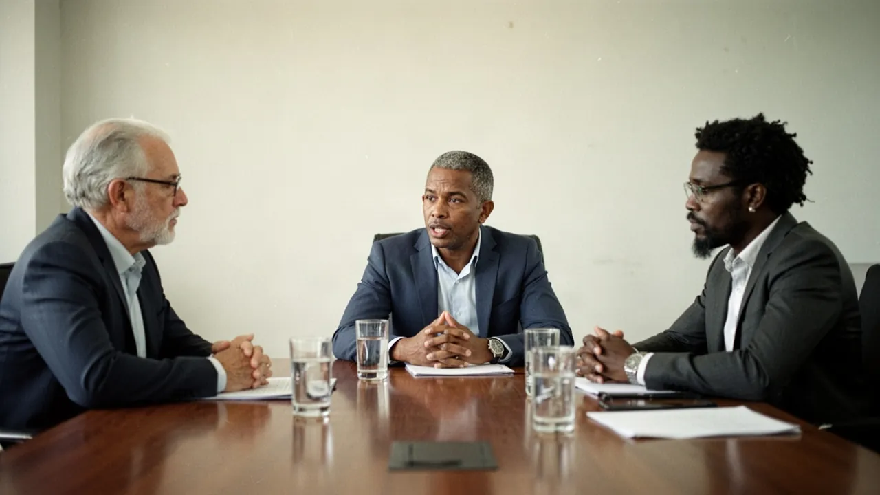 Three men in business attire sit at a polished wooden conference table while the middle one speaks and the others listen