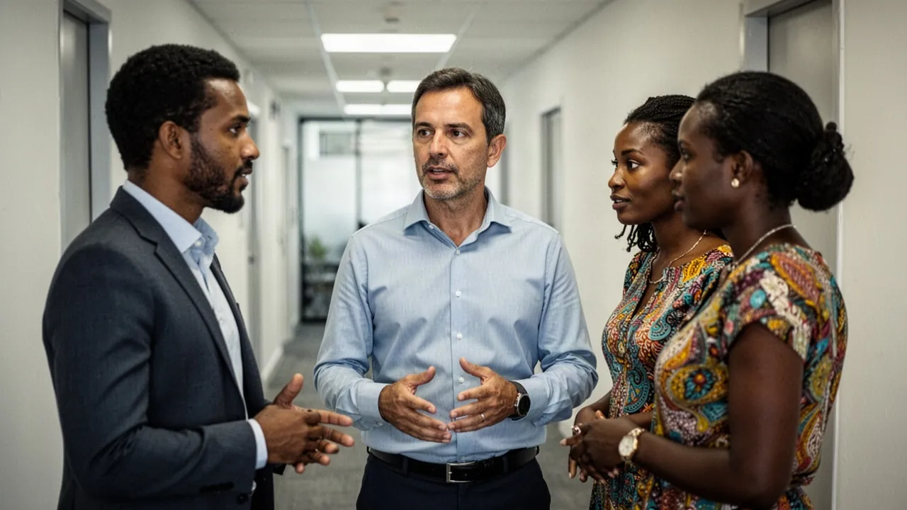A middle-aged man in a light blue shirt talks with a colleague in a suit and two women in colorful dresses in an office corridor