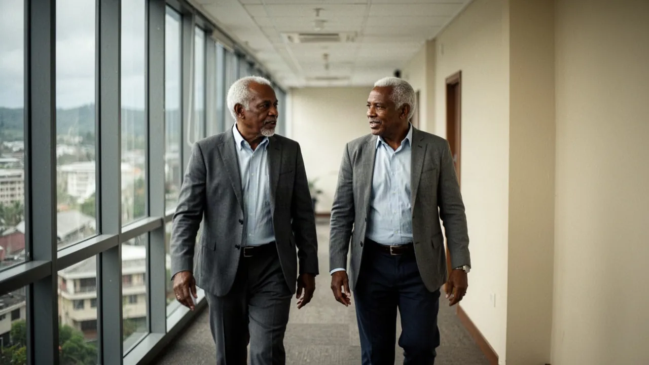 Two older men in grey blazers and light blue shirts walk and talk in a glass-walled office corridor overlooking a city