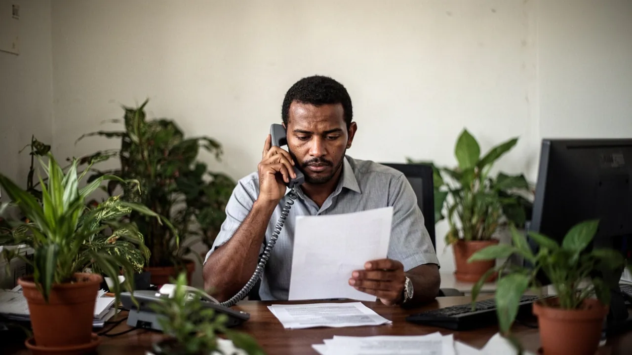 A man in a grey shirt talks on a corded desk phone while reading a sheet of paper at a desk surrounded by potted plants