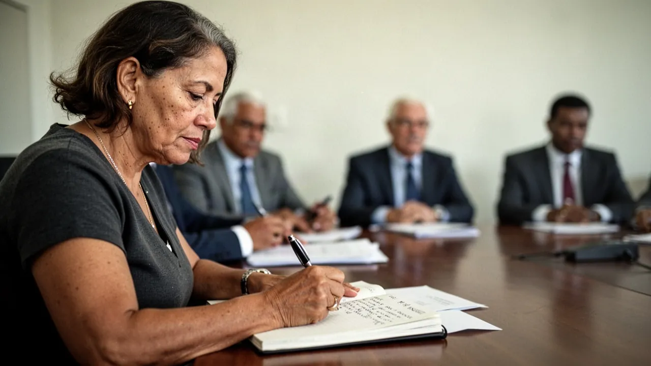Woman in her fifties writing notes in a notebook at a boardroom table, with suited directors blurred behind her